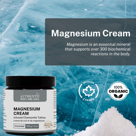 Magnesium cream jar with ice and magnesium crystals in the background