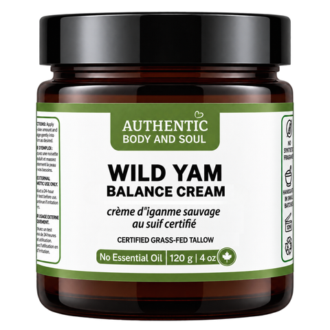 A jar of Authentic Body and Soul Wild Yam Balance Cream, featuring a dark amber glass container, a black lid, and a white label with green accents.