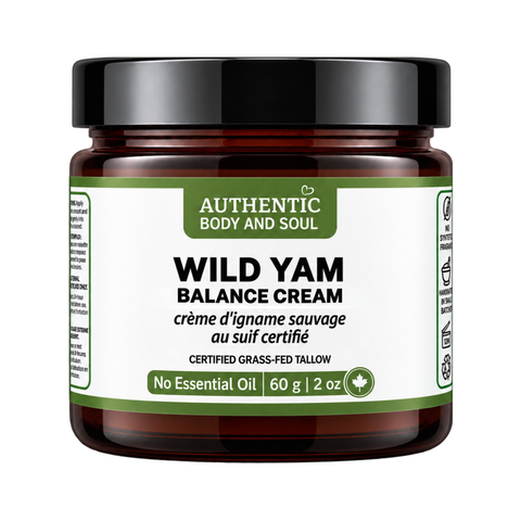 A jar of Authentic Body and Soul Wild Yam Balance Cream, featuring a white label with green accents and a black lid, set against a plain white background.